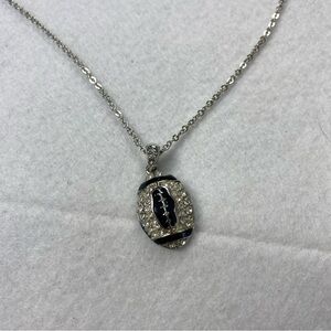 Elegant Silver tone and Black Football Pendant Necklace Clear Rhinestones 18–20”
